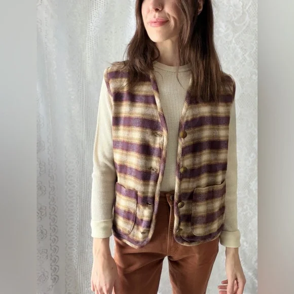 Vintage Plaid Wool Blend Button Front Vest Earth Tone Layered Folk Style - Picture 7 of 15